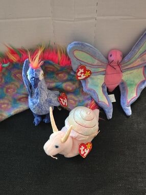 Ty Plush Trio - Multicolor Peacock, Pastel Butterfly, Pink Snail